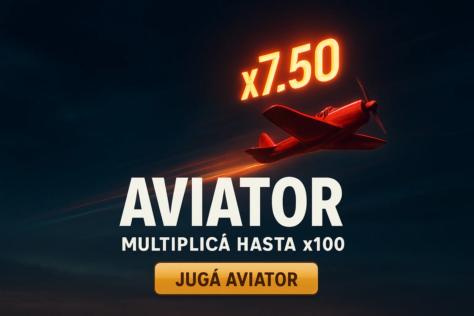 Banner de casino Aviator con avión rojo y multiplicador x7.50 brillante
