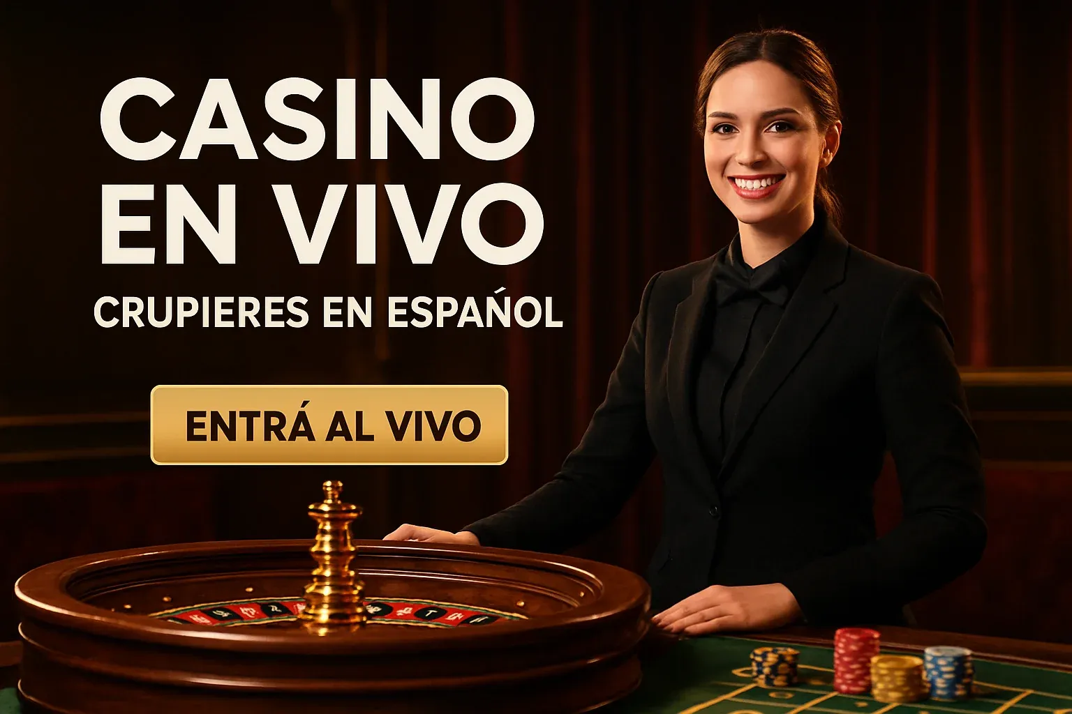 Banner casino en vivo con crupier en español, ruleta y botón dorado