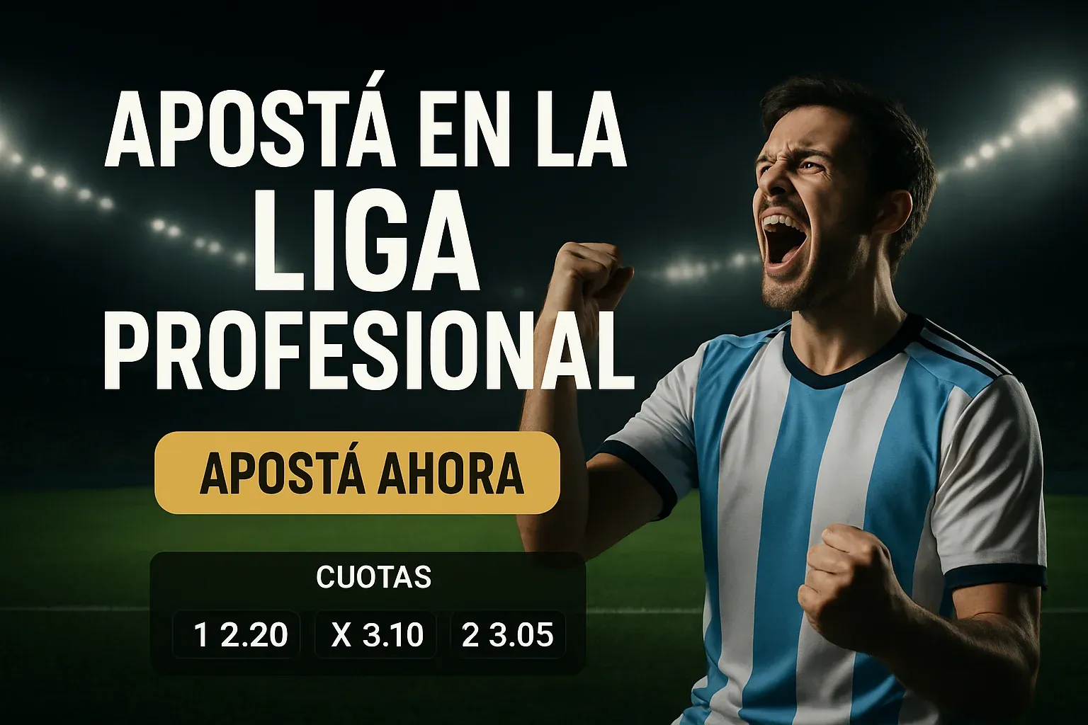 Banner de apuestas con hincha argentino celebrando y botón Apostá Ahora