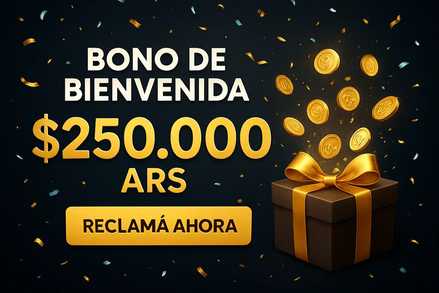 Banner de casino con bono de bienvenida $250.000 ARS y botón Reclamá Ahora