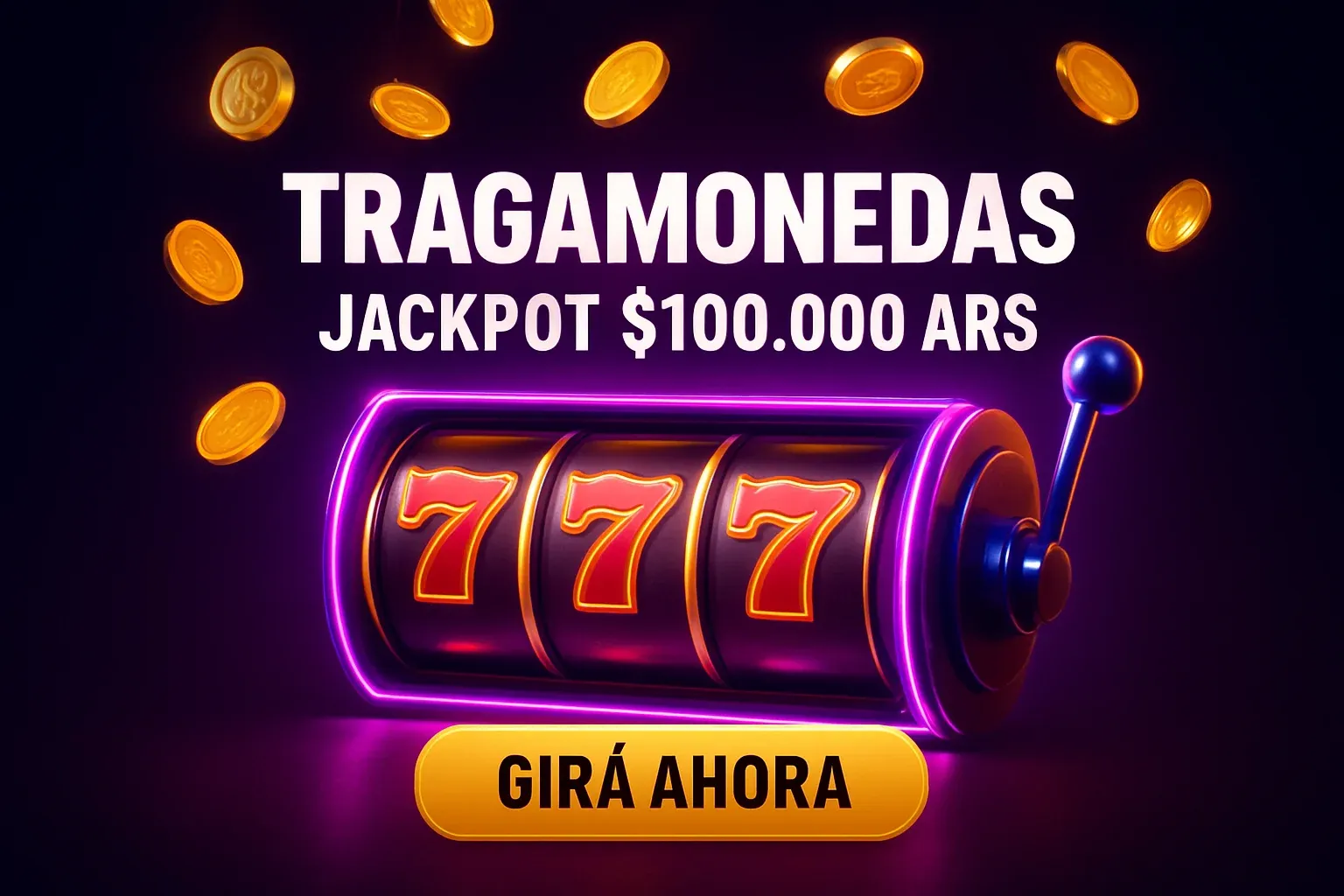 Banner de tragamonedas con neón morado y dorado, jackpot 100.000 ARS